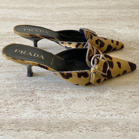 Vintage Prada Leopard Pony Hair Buckle Kitten Heel Mules - Picture 3 of 10